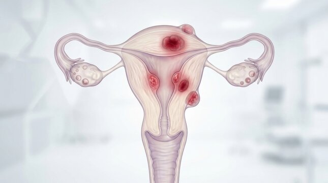Illustration of a uterus with multiple fibroids and ovarian cysts
