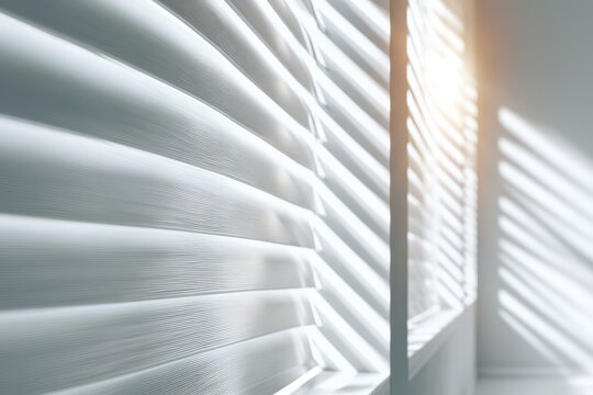 Sunlight streaming through white horizontal blinds, casting striped shadows on a clean, modern interior wall.