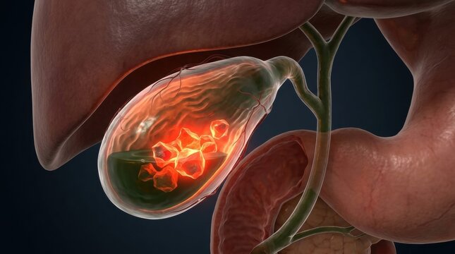 Gallstones inside the gallbladder, a common digestive system ailment