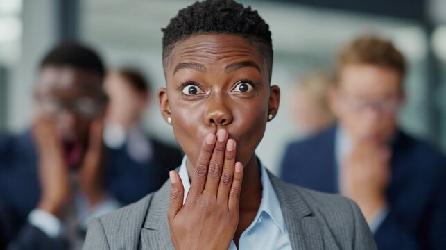 Surprised young woman covers her mouth with one hand. Her wide eyes show astonishment or shock. Background figures appear similarly stunned or confused. Professional setting suggests business