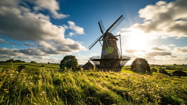 Scenic time-lapse of a rural windmill with rotating blades and a beautiful sunny sky