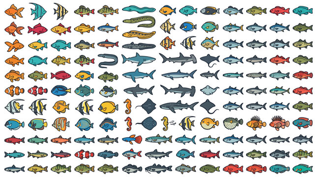 Colorful Assortment of Various Fish Species in an Illustration Pattern