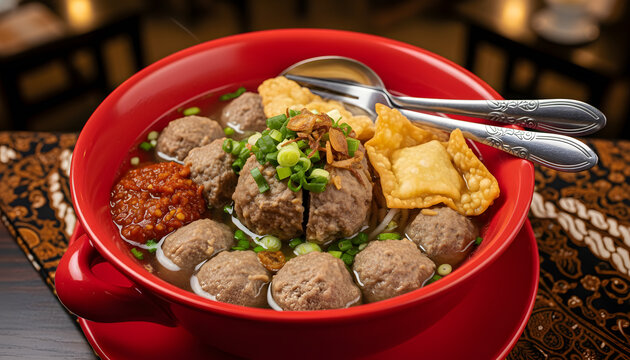 Indonesian bakso pangsit goreng, meatballs with fried wontons and spicy chili sambal sauce in red bowl served on a batik cloth table mat in a restaurant background 