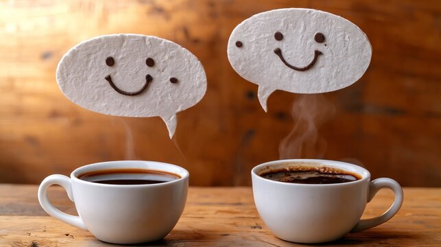 Warm coffee steams gently above two mugs. Smiling speech bubbles float above each cup. Wooden table and rustic background add cozy feel. Image evokes comfort, connection, and gentle conversation
