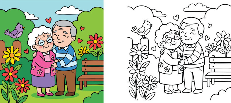 Happy Elderly Couple Hugging in a Garden with Flowers and Birds, Cartoon Illustration for Kids Coloring Book, Senior Love and Retirement Lifestyle Concept, Grandmother and Grandfather (187 characters)