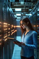 Fototapeta premium Asian IT Engineer Analyzing Server Logs on Tablet, Focusing on Data Center Management