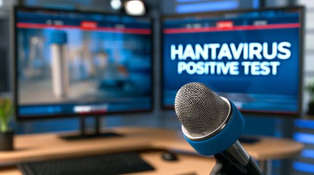 Microphone in newsroom with Hantavirus positive test news on screen