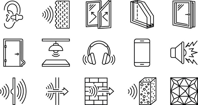 Professional Soundproofing and Acoustic Insulation Line Icon Set Featuring Noise Reduction Materials, Sound Barriers, Double Glazing, and Audio Protection Symbols
