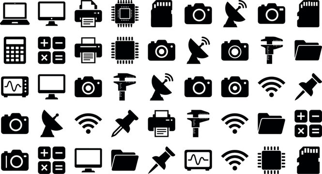 Professional Technology and Office Equipment Solid Icon Set Featuring Computer Hardware, Photography Gear, Wireless Connectivity, and Electronic Engineering Symbols