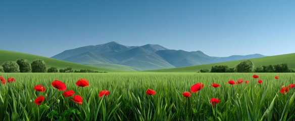 Naklejka premium Vibrant cornfield with red poppies and mountains on a clean white background