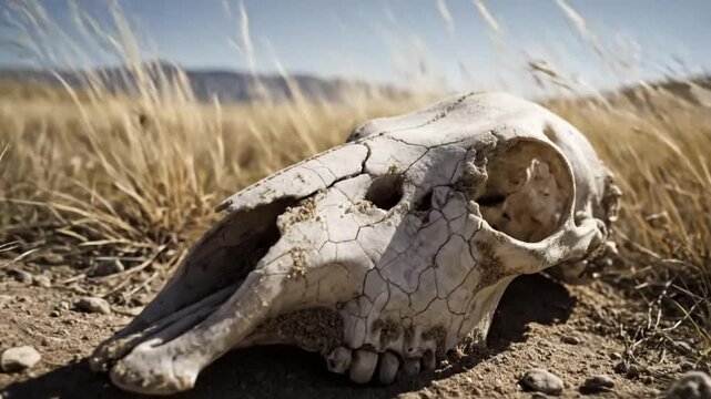 Weathered animal skull resting in dry terrain of a vast grassland landscape under bright sunshine with mountain backdrop