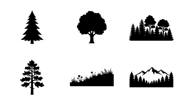 Forest Landscape Icons, Nature Scenes, Mountain Silhouette, Pine Tree Vector Graphics, Woodland Elements, Outdoor Design Assets