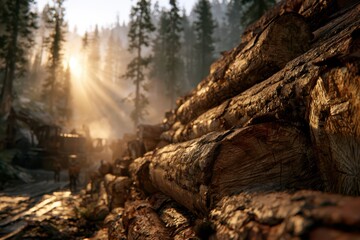 Fototapeta premium Sunbeams pierce through a misty forest, illuminating a stack of freshly cut logs in a logging operation.