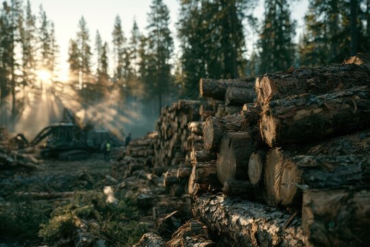 Logging operation in a forest at sunrise with heavy machinery and stacked timber logs.
