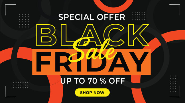 Black Friday Sale banner featuring a modern geometric design in black and orange colors. Vector illustration in flat style