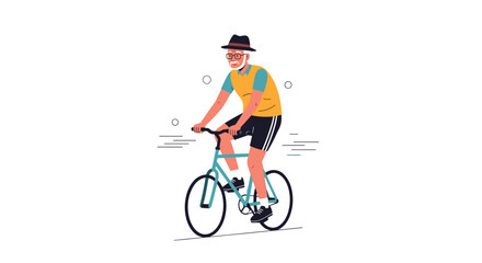 Fototapeta premium Active elderly man with glasses and a hat riding a bicycle along a path for outdoor fitness and a healthy lifestyle during his retirement.