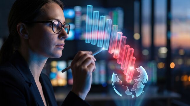 Side Profile of Financial Analyst Interacting with a Futuristic 3D Holographic Bar Graph of GDP Turning Red, Illustrating a Global Economic Recession and Market Crash