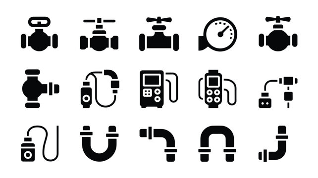 Set of 15 Black Industrial Valve and Pipe Fitting Icons Vector