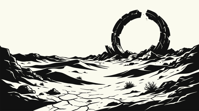 Broken stone ring monument in a barren rocky desert landscape under a clear sky.