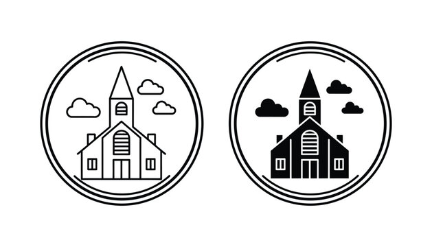 Minimalist church building icon with steeple and clouds in a simple line art style