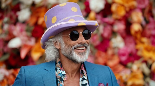 Man wears purple polka-dot hat and sunglasses. His beard is gray and full. He smiles warmly, eyes closed briefly. Background filled with colorful flowers. Vibrant hues of pink, orange, and white