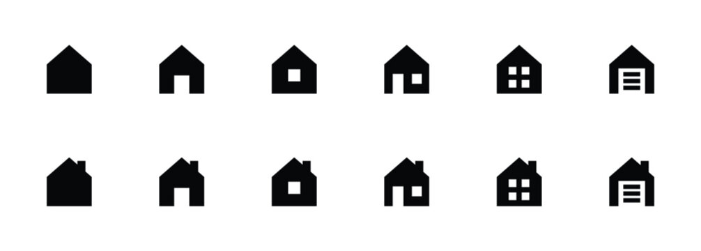 Simple black house icons arranged in rows showing various designs for architectural graphic design web projects