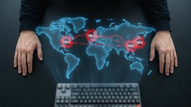 Global Financial Crisis Concept: High-Angle View of Hands on Desk with Holographic Map Showing Financial Hub Failures and Red Alert System Outages