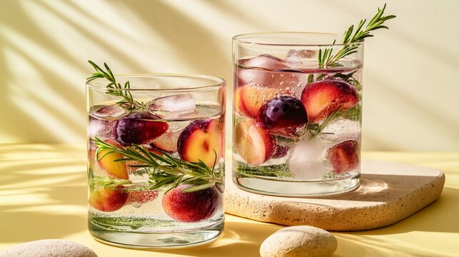 Clear glasses hold ice, berries, and rosemary sprigs. Sunlight glows warmly on the surface. Glasses rest on smooth, light-toned stones. Fresh, crisp, and inviting beverage presentation