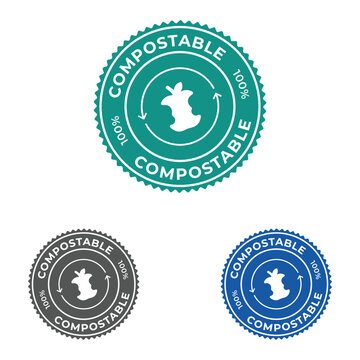 100% Compostable Stamp Icon Set Eco-Friendly Packaging Seal and Biodegradable Product Label Vector