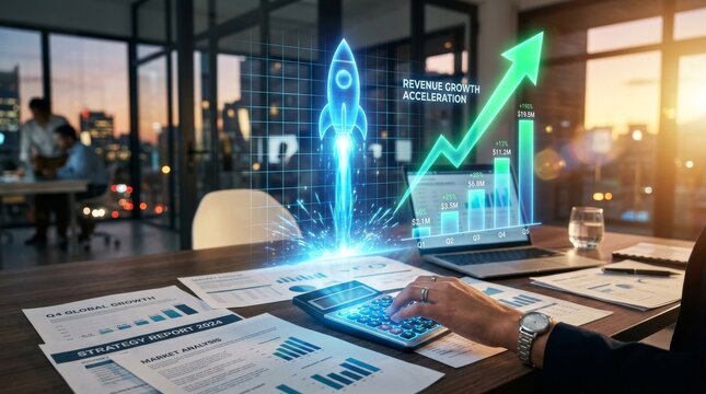 Business professional analyzing data growth with futuristic digital interface in modern office