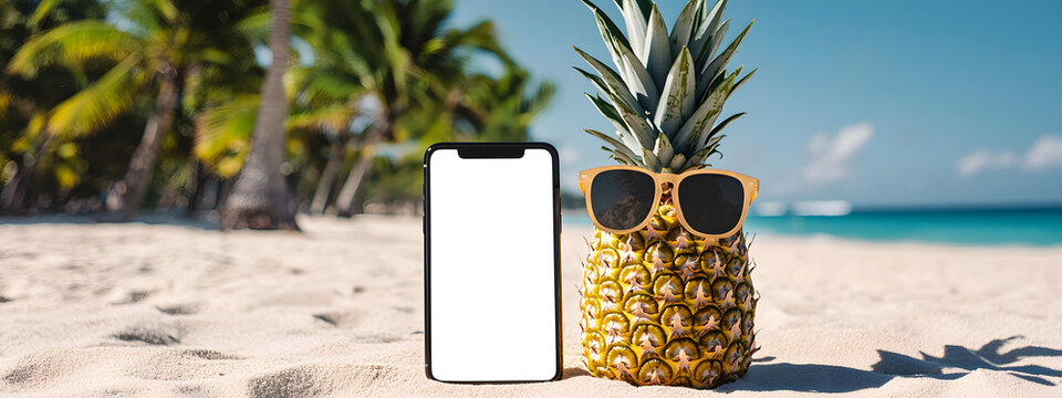 A smartphone with a white screen, placed next to a pineapple wearing sunglasses on a tropical beach with an ocean view and sunny sky&mdash;a playful travel technology concept