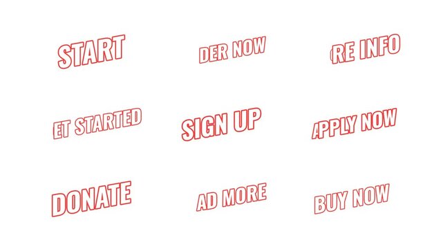 Energetic tilted outline action text animation set. Order and buy now on website. Sign up online. Get started app. Bold orange slanted CTA typography in dynamic motion. Expressive overlays collection