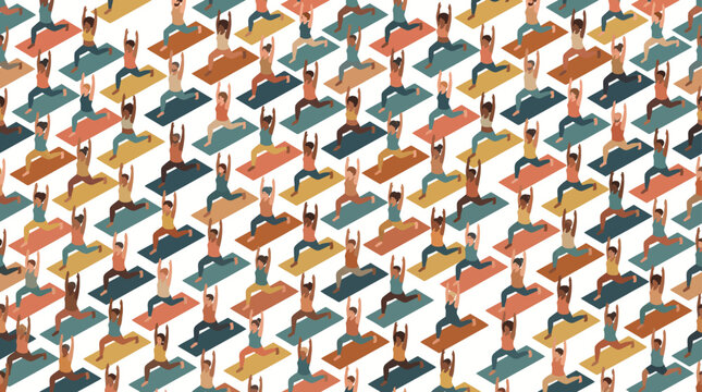 Yoga Isometric Pattern with Diverse People in Warrior Pose on Mats 61 90