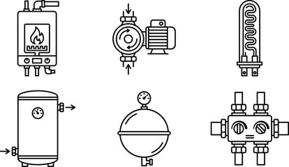 Fototapeta premium Comprehensive Heating System Icon Set Including Gas Boiler, Water Pump, Storage Tank, Expansion Vessel, and Manifold for HVAC and Plumbing Service Designs