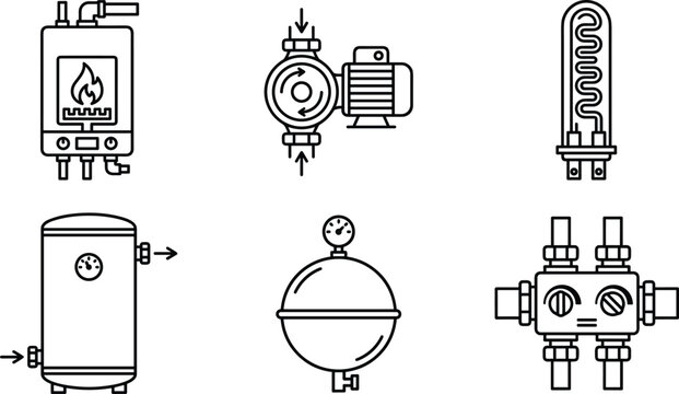 Comprehensive Heating System Icon Set Including Gas Boiler, Water Pump, Storage Tank, Expansion Vessel, and Manifold for HVAC and Plumbing Service Designs