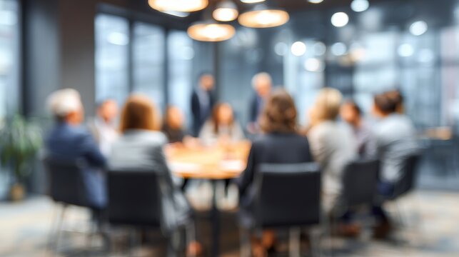 Professional business team members sitting together around a wooden table during a corporate office meeting session
