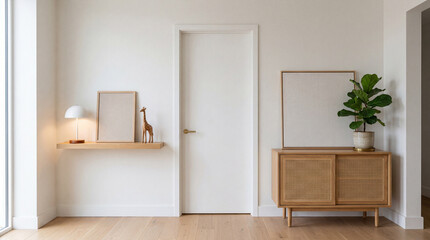 Fototapeta premium Minimalist interior design with natural wood furniture and decorative accents