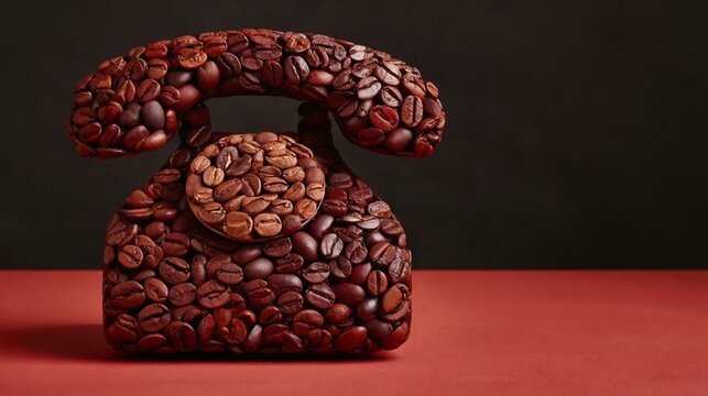 Coffee beans form a vintage phone shape. Rich tones contrast with a dark backdrop. Red surface adds warmth and depth. Artistic concept blends nostalgia with coffee culture