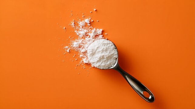 White powder spills from a spoon against vivid orange. Minimalist composition highlights texture and contrast. Perfect for culinary, health, or studio concepts