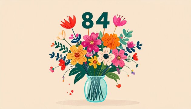 Vibrant Flower Bouquet with Number 84 for Birthday or Anniversary Celebration