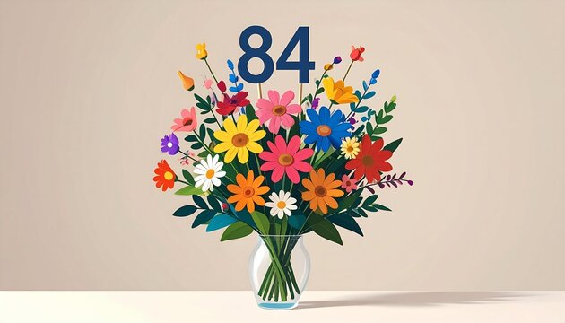 Vibrant Flower Bouquet with Number 84 for Birthday or Anniversary Celebration