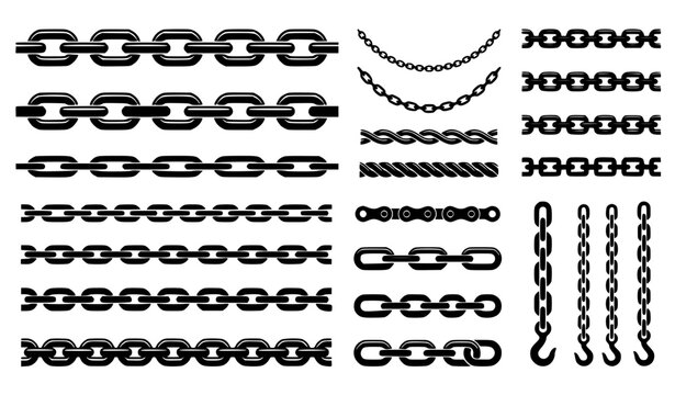 Industrial Metal Chain Links and Security Fastener Set Featuring Various Steel Chain Styles Hooks and Heavy Duty Connections for Construction and Hardware Designs