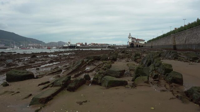 Rocky beach landscape at low tide revealing flysch formations