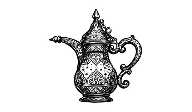 Hand drawn traditional Arabic dallah coffee pot cultural sketch vector illustration