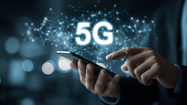 Business professional using a modern smartphone to access high speed internet network connection 5g technology