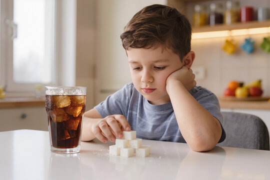 Child examining sugar cubes beside cola drink while sitting thoughtfully at white table indoors.