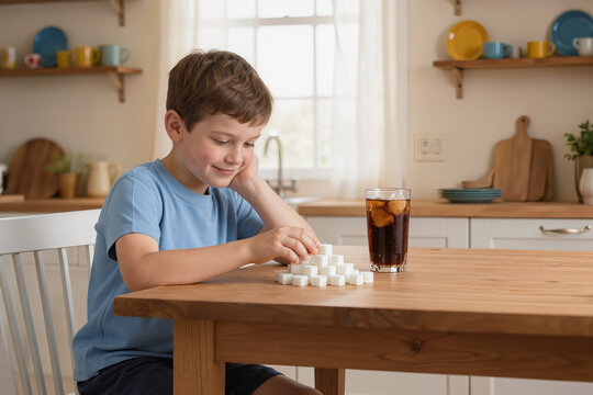 Child examining sugar cubes beside cola drink while sitting thoughtfully at white table indoors.