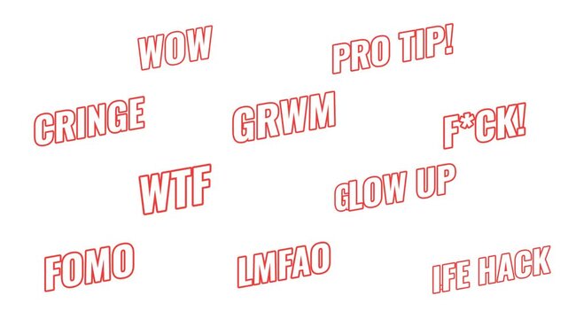 Trendy slang energetic tilted outline text animation set. Internet reaction words. Viral style content creation. Bold orange slanted CTA typography in dynamic motion. Expressive overlays collection