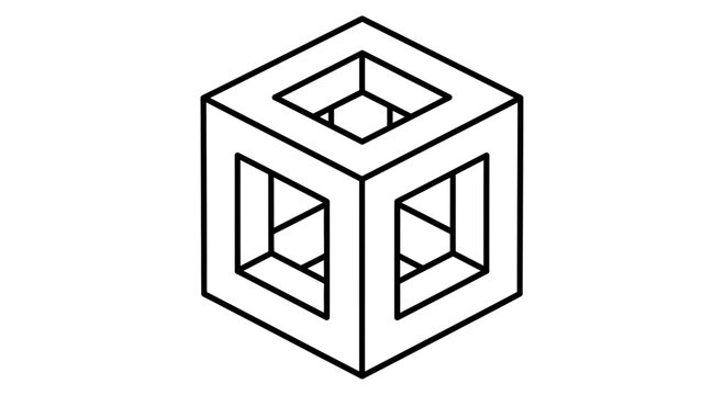 Optical illusion cube drawing, impossible object, wireframe isometric view, a 3D geometric shape creating a paradox