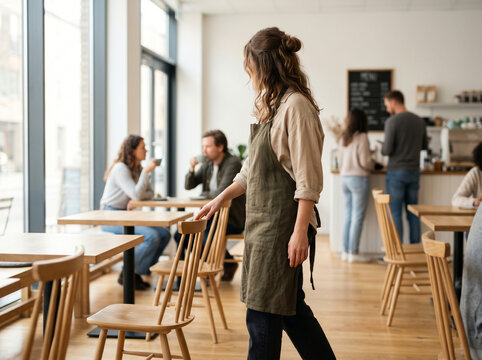 Faceless female waitress walking past tables in busy modern cafe
